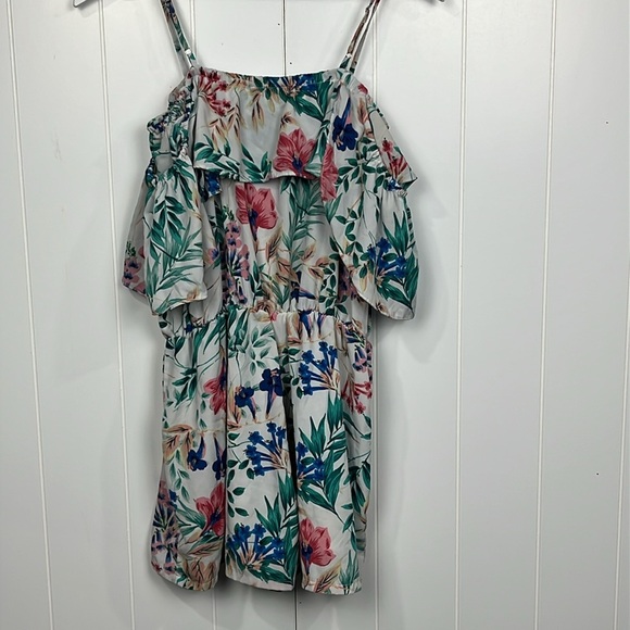 Love J Womens Romper L Blue Slip Straps Cold Shoulder Tropical Floral Print Fun - Picture 9 of 12